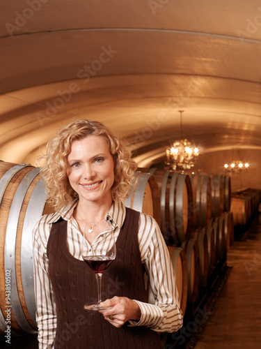 Woman Standing in Wine Cellar photo