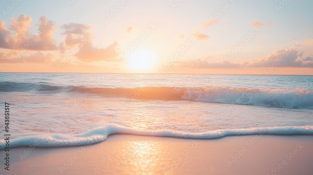 Obraz premium A soft-focus image of a beach at sunset, with warm tones and gentle waves, creating a serene background.