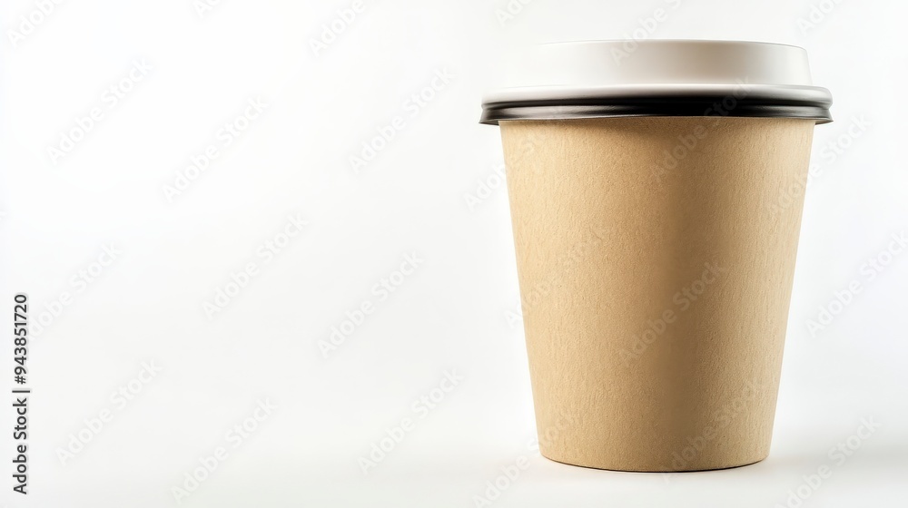A plain, disposable coffee cup with a white lid against a light background. A plain, disposable coffee cup with a white lid against a light background.