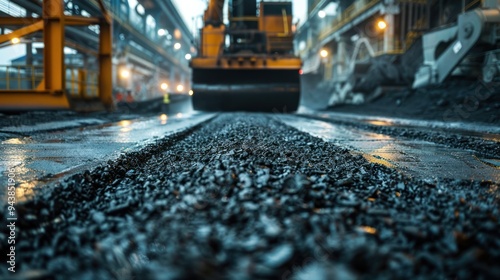 Close-up shot of asphalt being mixed in a large industrial plant photo