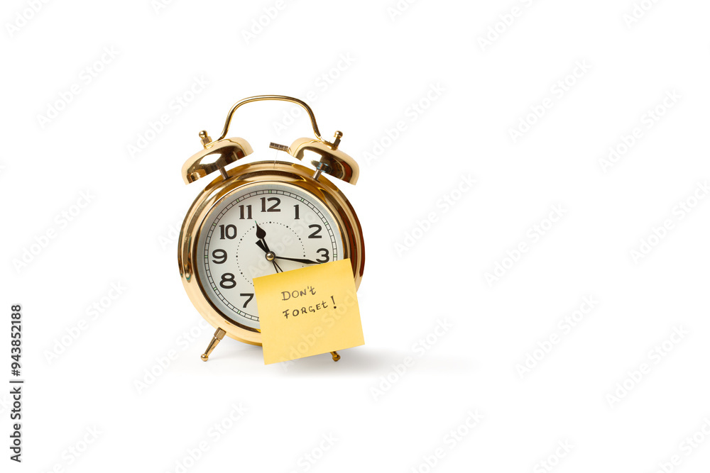 Concepto de no te olvides escrito en un post it junto a un reloj sobre un fondo blanco aislado. Vista de frente y de cerca. Copy space Concepto de no te olvides escrito en un post it junto a un reloj sobre un fondo blanco aislado. Vista de frente y de cerca. Copy space