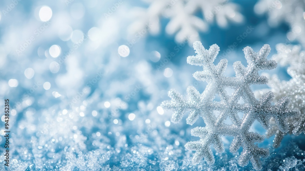 Elegant snowflakes gently falling on a blue winter background, creating a peaceful, festive atmosphere. Ideal for Christmas wallpaper with copy-space. Elegant snowflakes gently falling on a blue winter background, creating a peaceful, festive atmosphere. Ideal for Christmas wallpaper with copy-space.