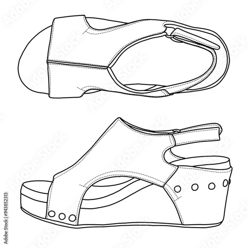 Footwear Women's Cushioned Wedge with Hook and Loop Closure Line art,Technical sketch hand drawing outline vector doodle illustration side and top view isolated on white background