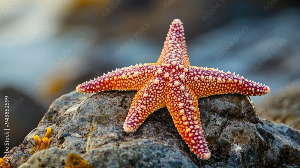 A lone starfish lying on a rock, its arms spread out in a perfect star shape A lone starfish lying on a rock, its arms spread out in a perfect star shape