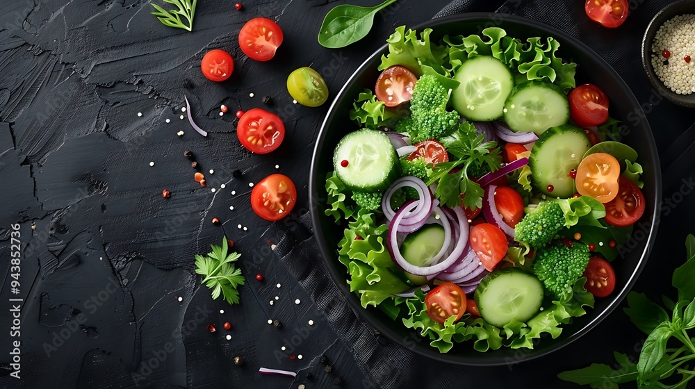 Top-down view of a quinoa salad with colorful vegetables including bell peppers, cherry tomatoes, cucumbers, and red onions, drizzled with citrus dressing, on a dark wooden table,