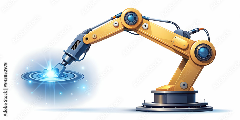 Flat Hovering robotic arm with precision tools on an isolated white background concept as A robotic arm floating mid air equipped with precision tools and glowing interfaces all isolated on a white ba Flat Hovering robotic arm with precision tools on an isolated white background concept as A robotic arm floating mid air equipped with precision tools and glowing interfaces all isolated on a white ba