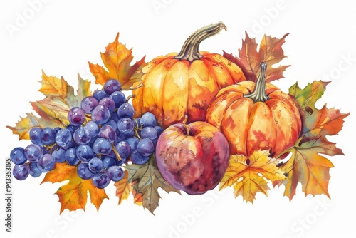 Thanksgiving Day clipart illustration with Harvesting time composition with pumpkins, apples, grapes and autumn leaves on a white background