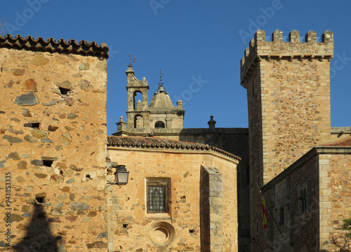 Beautiful view with historic buildings in the medieval city center of Caceres. Spain. 