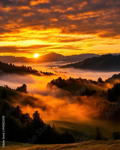 Breathtaking sunrise over misty mountains with a vibrant golden sky, light rays illuminating the rolling hills and valleys below.