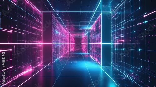 Futuristic 3D web icon in neon pink and blue, set against a dark background with a high-tech floor. Bright, vibrant colors symbolize digital connectivity.