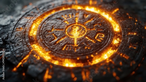 Closeup of a fire rune with glowing ember symbols, intricate carvings, soft diffused lighting, isolated on a pure white background,