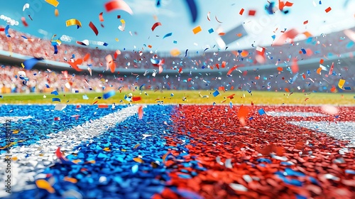 Vibrant team colors and confetti fill the end zone during super bowl NFL celebration