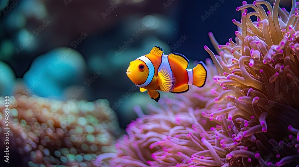 A single clownfish swimming among sea anemones, its bright colors standing out against the coral A single clownfish swimming among sea anemones, its bright colors standing out against the coral