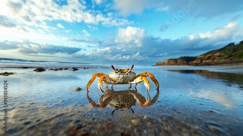 A single crab crawling across a tide pool, with the water reflecting the sky above photo