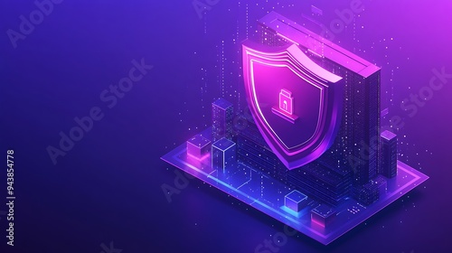 Futuristic digital security concept with glowing shield symbol on virtual platform, representing cybersecurity and data protection. photo