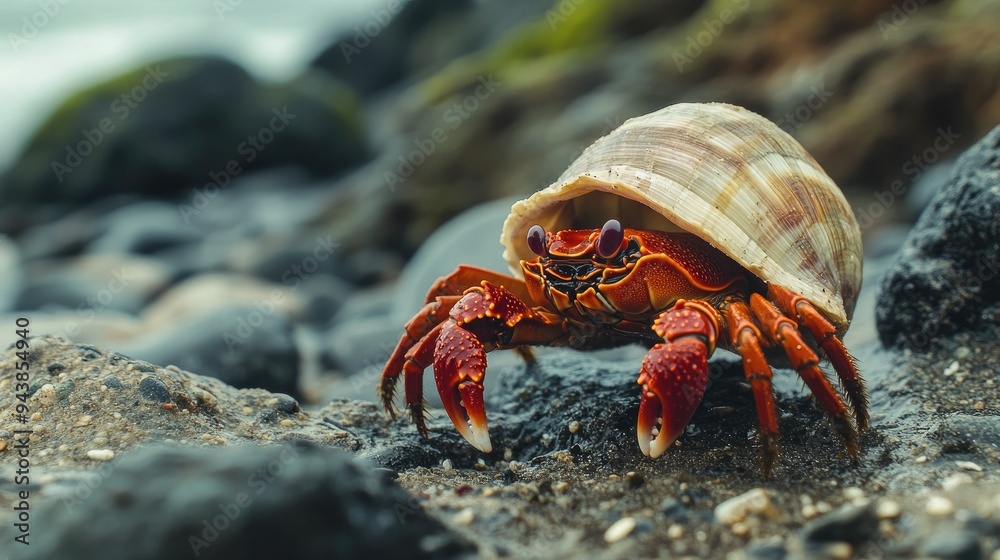 A single hermit crab walking along a rocky beach, carrying its shell on its back A single hermit crab walking along a rocky beach, carrying its shell on its back