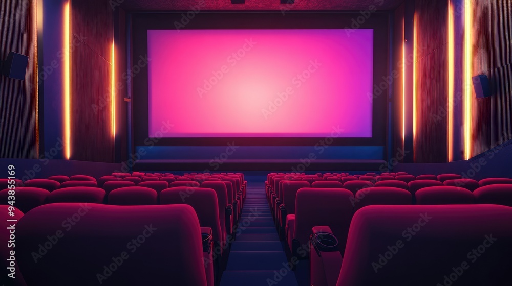 Interior of a contemporary cinema with a giant screen, soft red seating, and dim ambient lights. Ideal setting for film promotions. Interior of a contemporary cinema with a giant screen, soft red seating, and dim ambient lights. Ideal setting for film promotions.