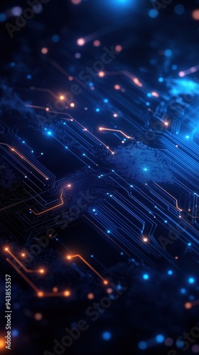 Abstract futuristic circuit board background with glowing lights and intricate patterns. Perfect for technology and sci-fi themes.