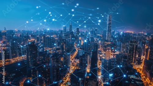 Wallpaper Mural A smart cityscape with connected buildings and infrastructure, with data streams representing communication technology integration Torontodigital.ca