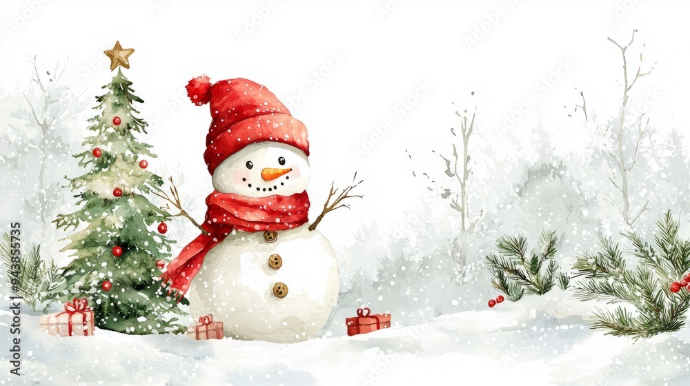 Snowman And Christmas Tree In A Snowy Landscape Snowman And Christmas Tree In A Snowy Landscape