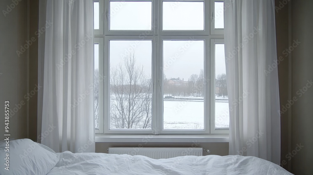 Fototapeta premium The serene bedroom features white bedding and a window displaying a snowy tree, encapsulating a tranquil winter atmosphere with light gray tones