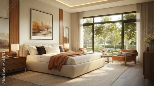 Contemporary bedroom with king-size bed, nightstands, and large windows, modern decor, bright and airy