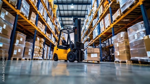 Wallpaper Mural Reach forklift extending its arm to retrieve items from high shelves in a warehouse Torontodigital.ca