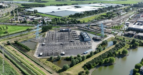 High voltage substation, Rijswijk Wateringen, Electricity infrastructure in the Netherlands. Aerial drone video. photo