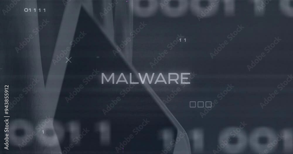 Malware text animating over binary code with digital elements in background Malware text animating over binary code with digital elements in background