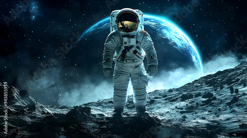 Astronaut on a moon-like pl...