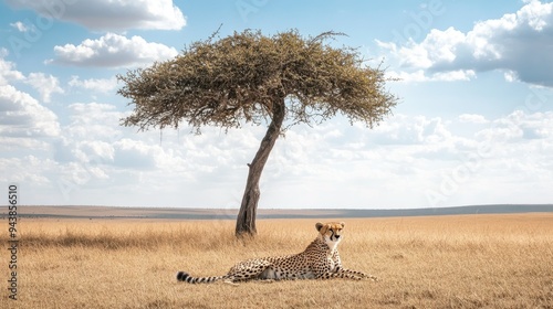 A solitary cheetah resting under a tree in the midday sun, with the endless savannah stretching out behind it, empty and silent.
