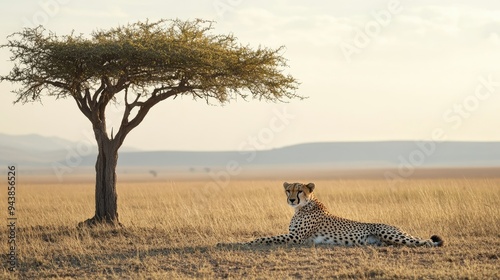 A solitary cheetah resting under a tree in the midday sun, with the endless savannah stretching out behind it, empty and silent.