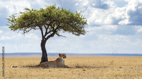 A solitary cheetah resting under a tree in the midday sun, with the endless savannah stretching out behind it, empty and silent.