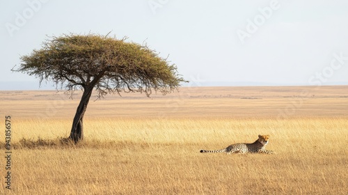 A solitary cheetah resting under a tree in the midday sun, with the endless savannah stretching out behind it, empty and silent.