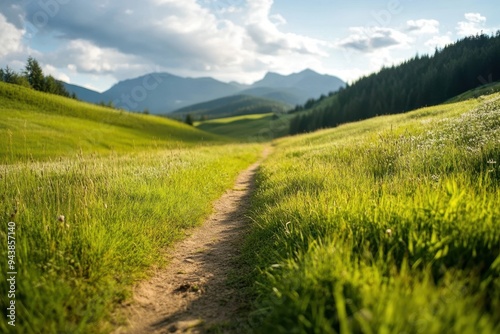 A picturesque dirt path winding through a lush, green meadow with rolling hills and mountains in the background, under a bright blue sky.