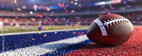 American football in the end zone with confetti celebrating a touchdown at the Super Bowl stadium photo