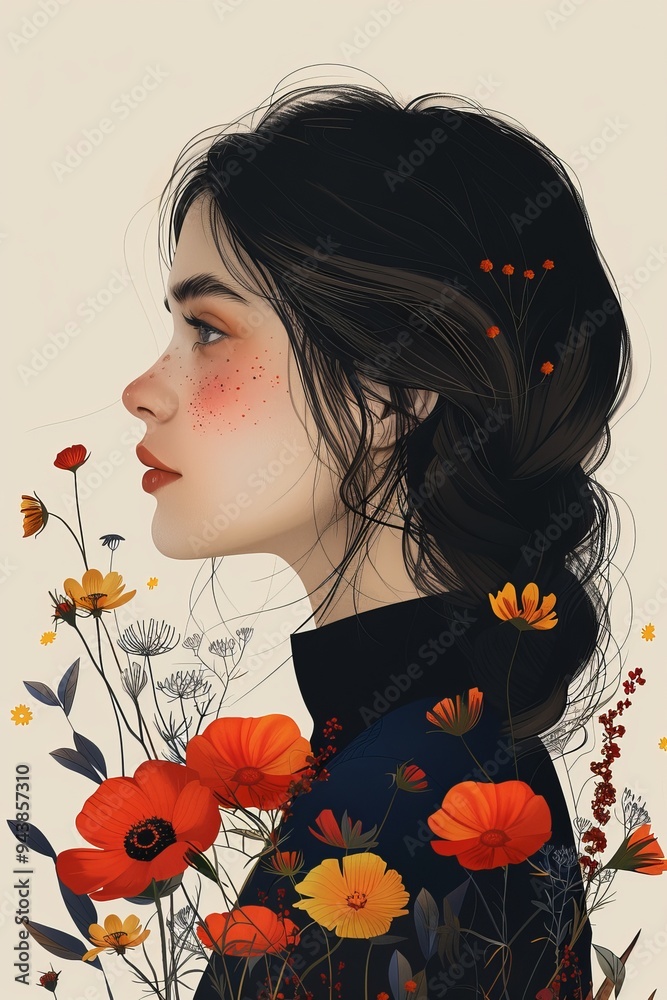 Fototapeta premium A digital profile of a woman with long black hair, wearing a blue sweater, surrounded by red poppies and yellow/red flowers in the background