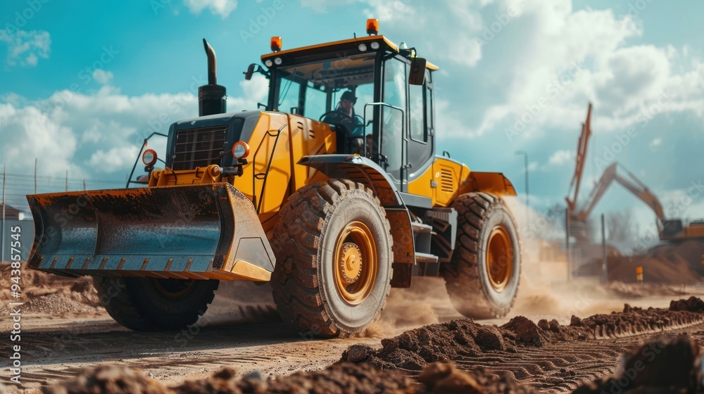 Wheel loader machine on a construction site, handling construction materials and heavy loads Wheel loader machine on a construction site, handling construction materials and heavy loads
