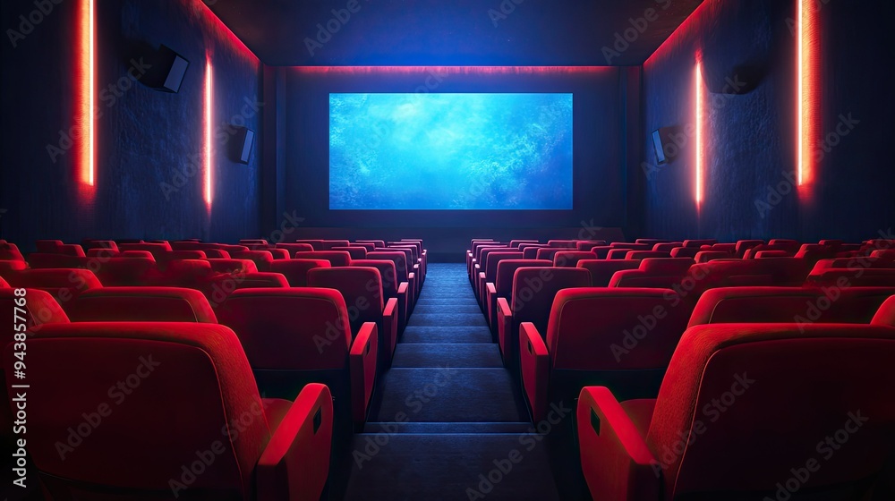 Fototapeta premium Modern movie theater with rows of comfortable red seats facing a large, illuminated screen, creating a warm and inviting atmosphere.