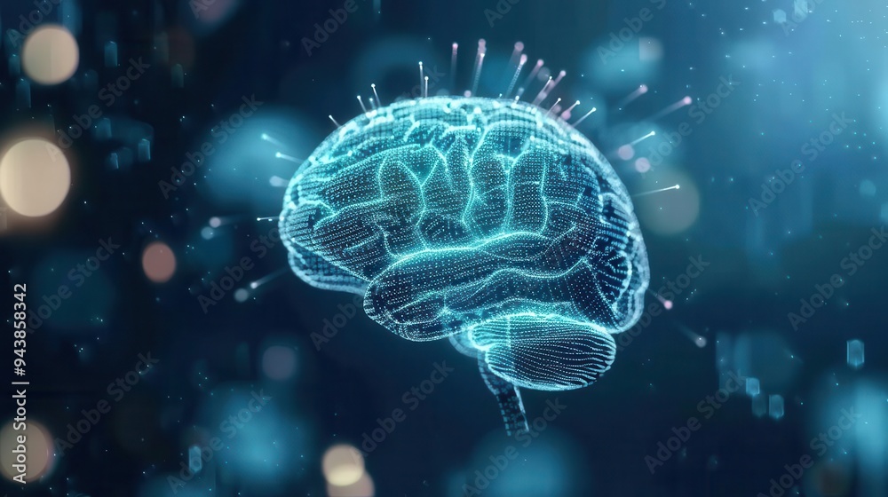 Abstract brain with digital code overlay, lab background, fusion of AI and human cognition Abstract brain with digital code overlay, lab background, fusion of AI and human cognition