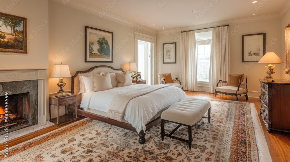 Luxurious master suite with king-size bed, fireplace, and walk-in closet, elegant decor, spacious and comfortable Luxurious master suite with king-size bed, fireplace, and walk-in closet, elegant decor, spacious and comfortable