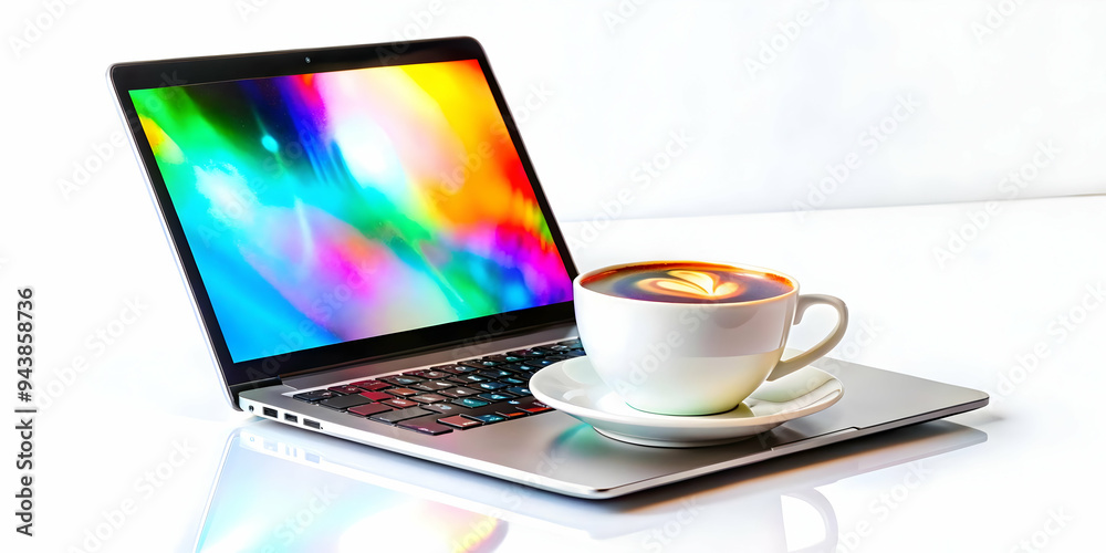 3D Glossy laptop with holographic coffee cup floating above isolated with copy space concept as A glossy laptop sits open on a white surface with a holographic coffee cup icon floating above it. The s 3D Glossy laptop with holographic coffee cup floating above isolated with copy space concept as A glossy laptop sits open on a white surface with a holographic coffee cup icon floating above it. The s