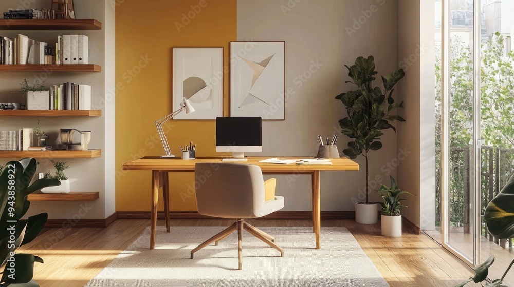 Fototapeta premium Minimalist home office with sleek desk, ergonomic chair, and organized workspace, clutter-free and functional space