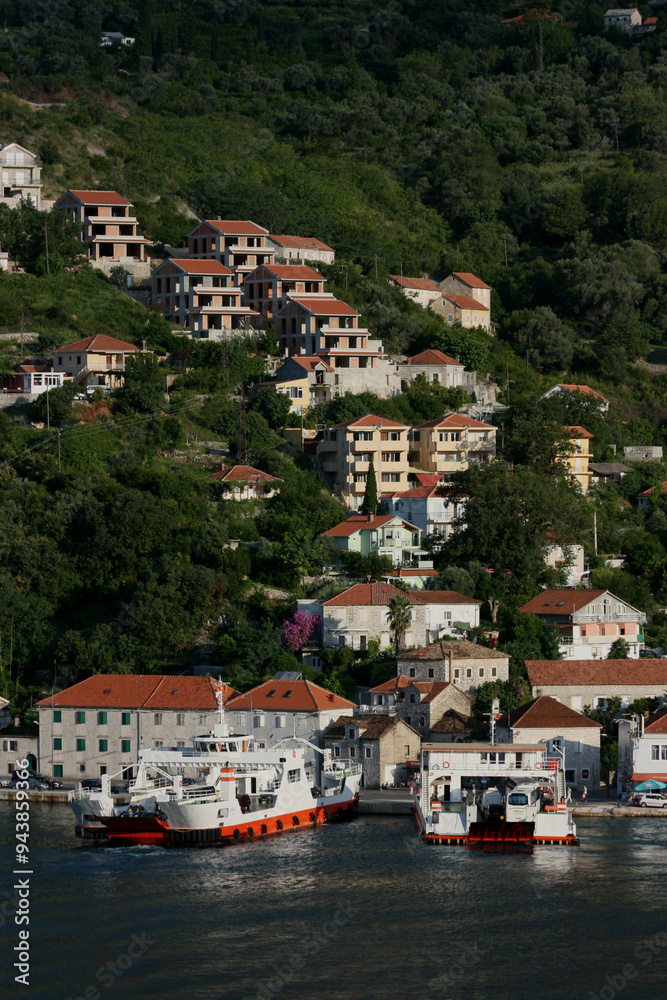 Ferries between Kamenari and Lopetane docked at Kamenari, Bay of Kotor, Montenegro Ferries between Kamenari and Lopetane docked at Kamenari, Bay of Kotor, Montenegro