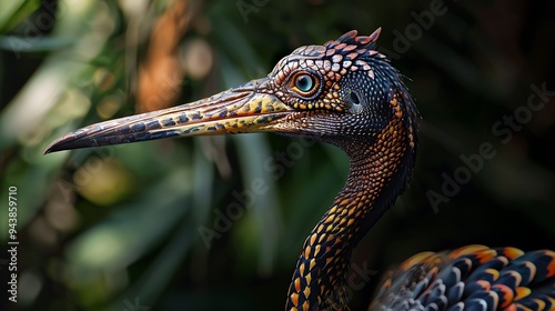 A bird having typical reptile traits like scales and a bent beak photo