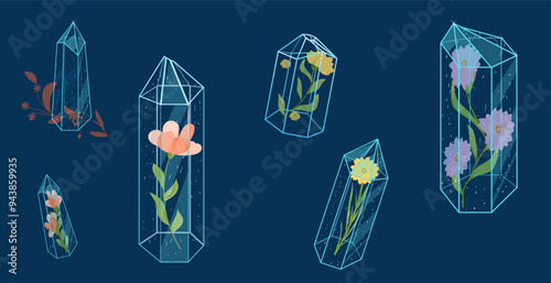 Magic crystal, outline flowers and leaves. Decorative floral elements . Minerals, different crystals, gemstone.