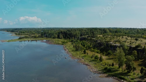Wallpaper Mural Aerial view of Baltic sea shore by verdant landscape. Rocky cliff side with trees and forest in a distance. Torontodigital.ca