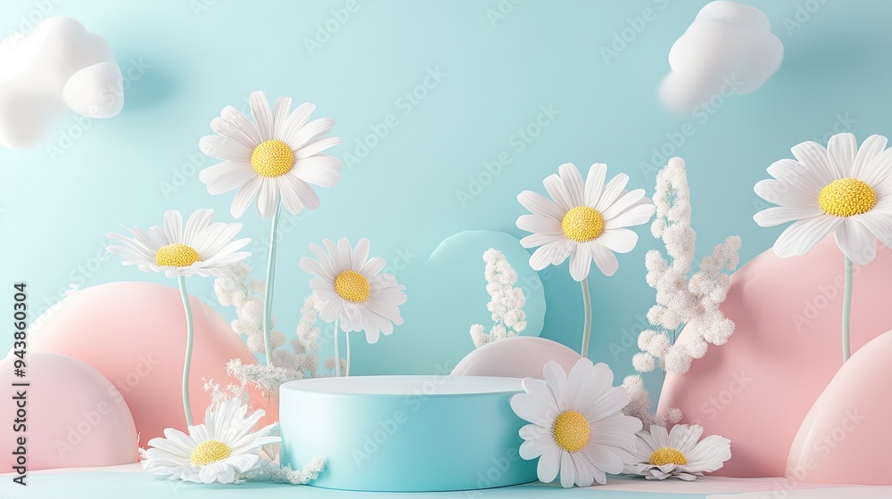 Soft pastel backdrop with a 3D display podium, adorned with blooming daisies, creating a fresh and inviting spring scene. Soft pastel backdrop with a 3D display podium, adorned with blooming daisies, creating a fresh and inviting spring scene.