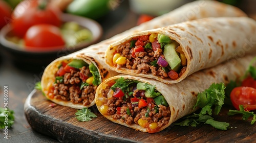 Three burritos filled with vegetables and meat on a wooden board