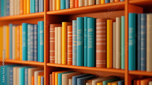 Colorful bookshelf filled with various books, showcasing a vibrant mix of blue, orange, yellow, and beige covers lined in neat rows